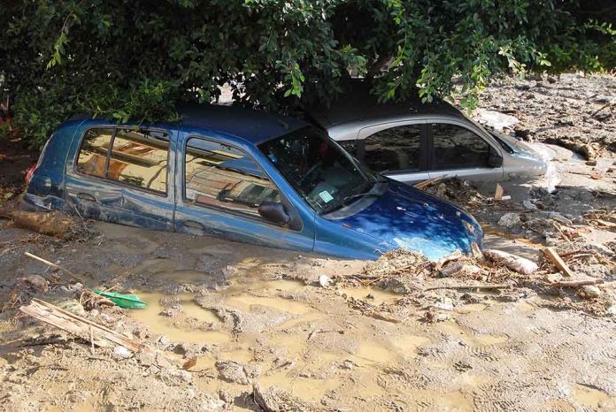 560170762 featured image Two cars submerged in muddy floodwaters.