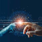 Robot and human fingertips touching with digital interface