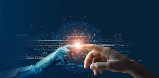 Robot and human fingertips touching with digital interface