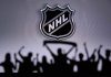black and white logo of the National Hockey League with players in silhouette below it