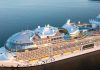 aerial shot of cruise ship on calm waters