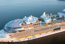 aerial shot of cruise ship on calm waters