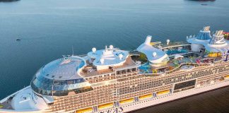 aerial shot of cruise ship on calm waters