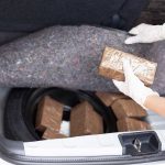 Person removing packages from car trunk.