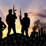 Silhouetted armed figures with city and skulls