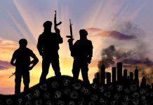 Silhouetted armed figures with city and skulls