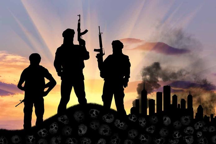 340068851 featured image Silhouetted armed figures with city and skulls
