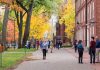 People walking on a college campus in autumn