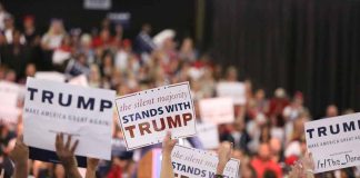 Crowd holding signs supporting Trump at a rally