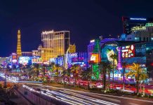 Las Vegas Strip at night with bright neon lights