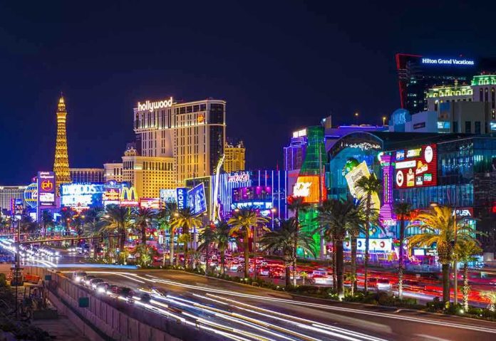 153923993 Las Vegas Strip at night with bright neon lights