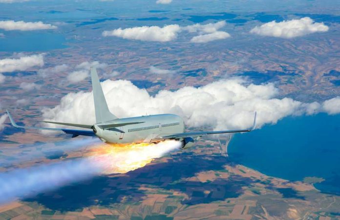 392991304 Passenger airplane with rocket engine flying over countryside