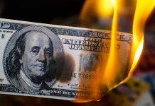 Burning hundred-dollar bill with visible flames