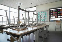 Empty classroom with chairs on top of desks