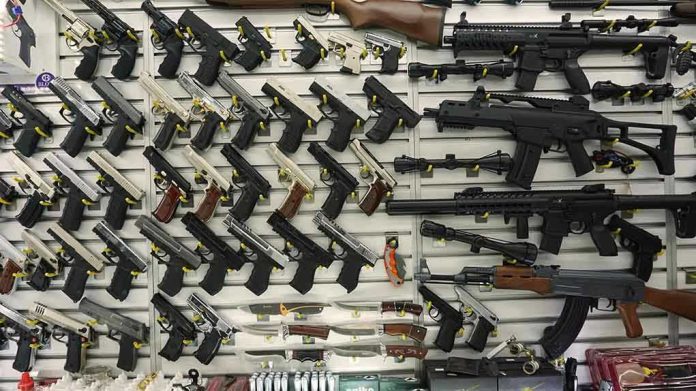 1096565819 Wall display with handguns and rifles for sale.