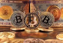 Bitcoins and Bitcoin themed banknotes in various designs