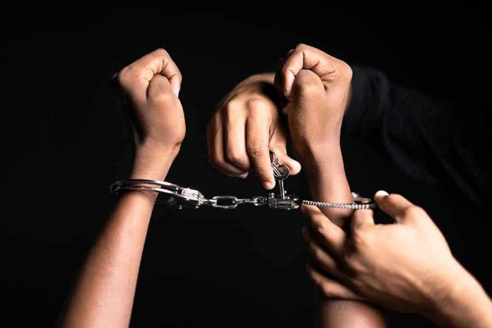 2160794121 Handling handcuffs and unlocking with a key.