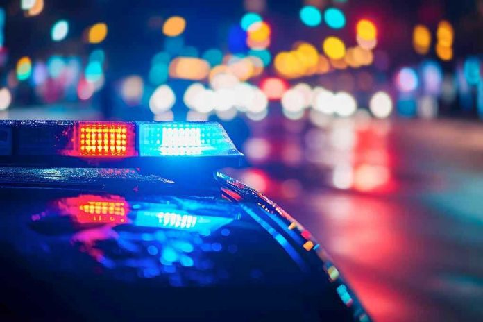 2467102619 Police car with flashing lights at night.
