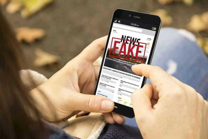 638642296 Person holding smartphone displaying fake news notification.