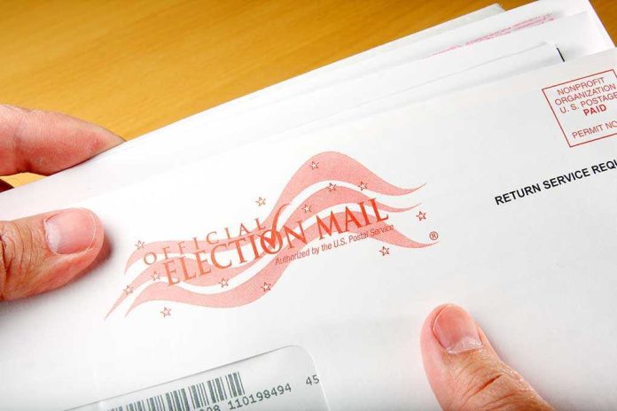 shutterstock_13034893.jpg A hand holding an envelope labeled Official Election Mail