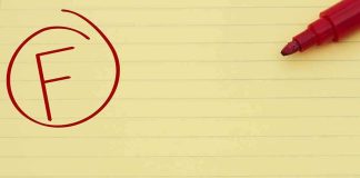 Yellow notepad with a red marker and a circled grade F