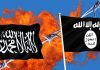 Two black flags with Arabic writing, flames background.