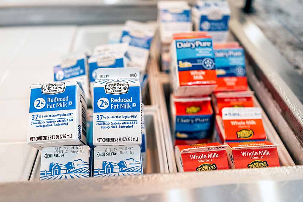 Milk cartons in a refrigerated display case.