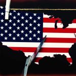 States To Challenge Trump Over Massive Healthcare Funding Cuts Scissors cutting USA map with flag pattern.
