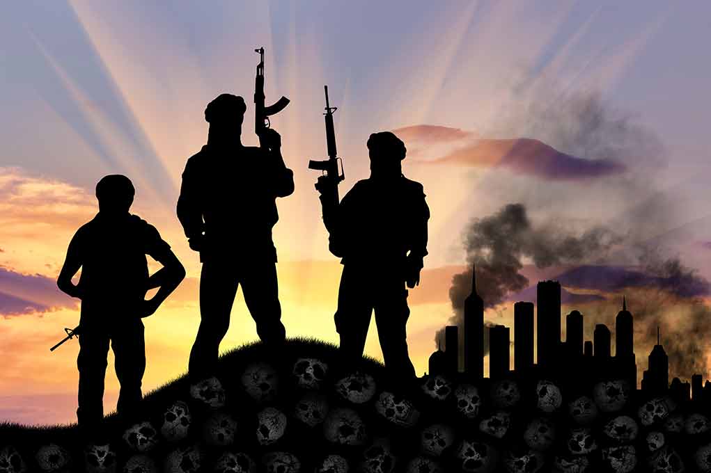 340068851 featured image Silhouetted armed figures with city and skulls