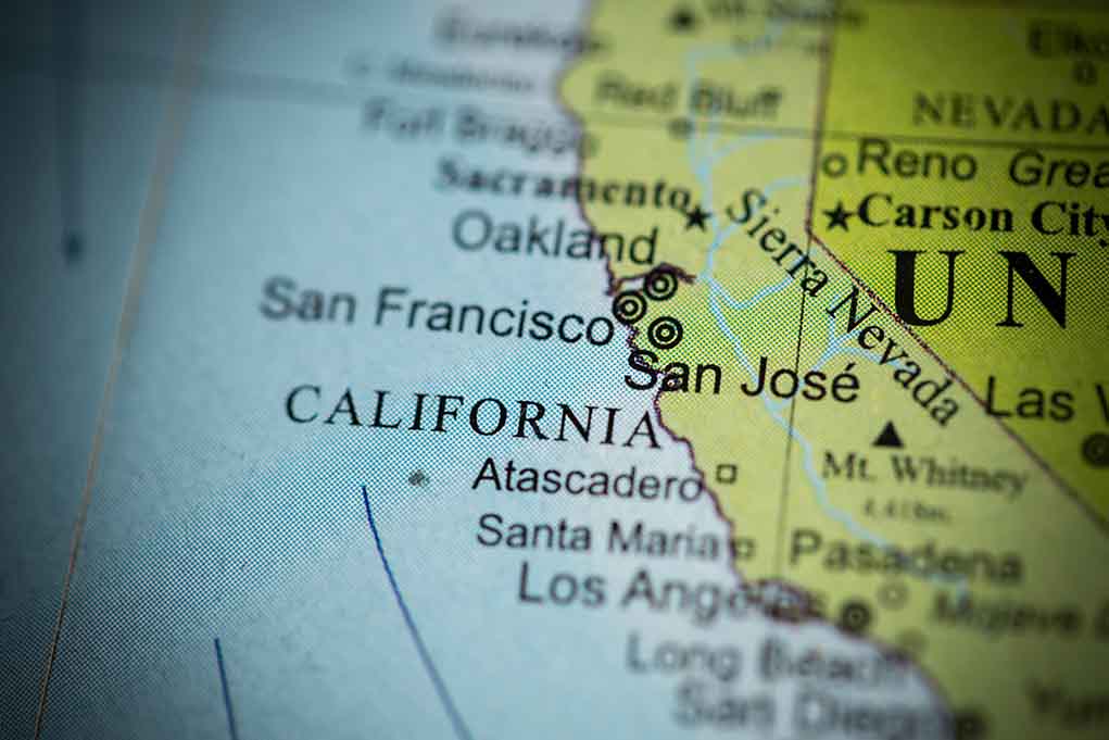 Closeup of California map showing major cities