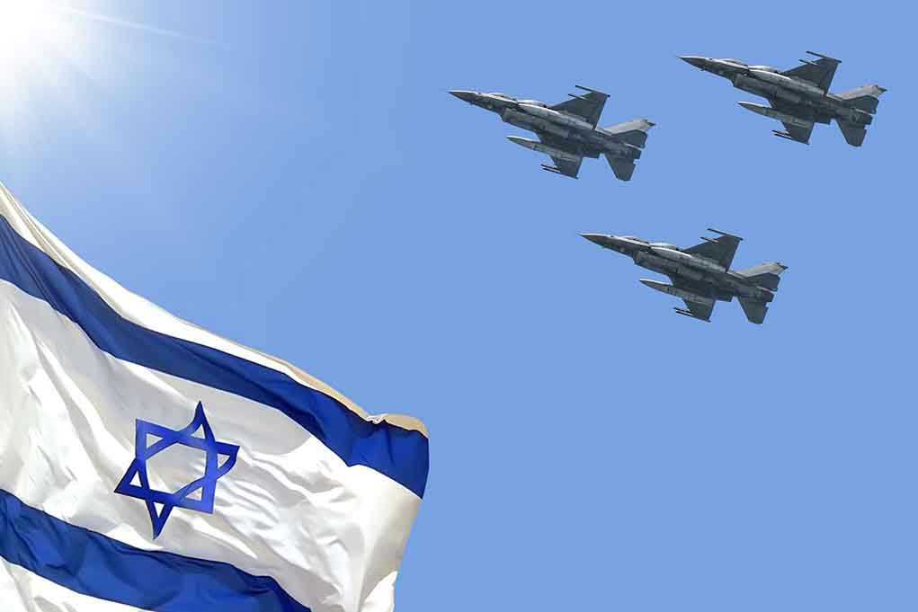1965607009 Israeli flag with three fighter jets in flight
