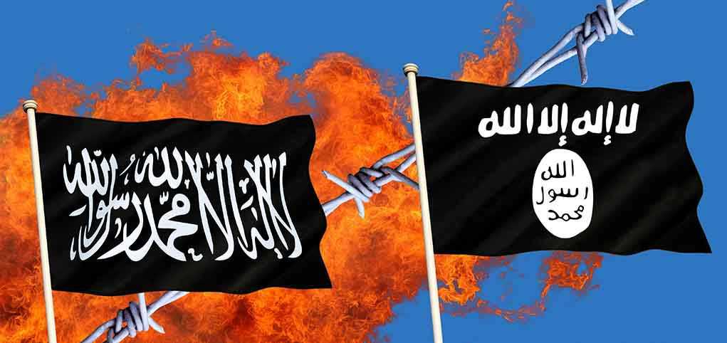 Two black flags with Arabic writing, flames background.