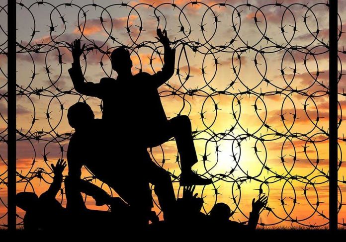 334479050 Silhouettes of people climbing barbed wire fence.