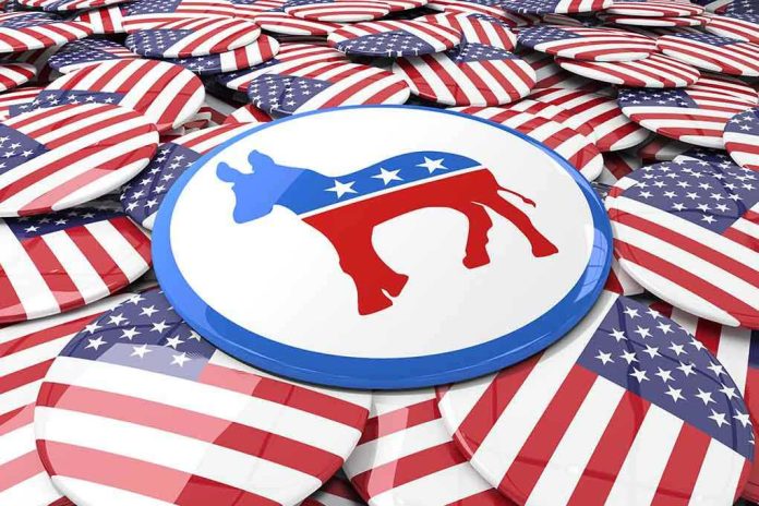 402776938 Political buttons with American flags and donkey symbol.
