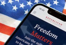 RNC Demands Voters WITHDRAW Redistricting Petition Signatures Smartphone and American flag promoting Republican National Committee.
