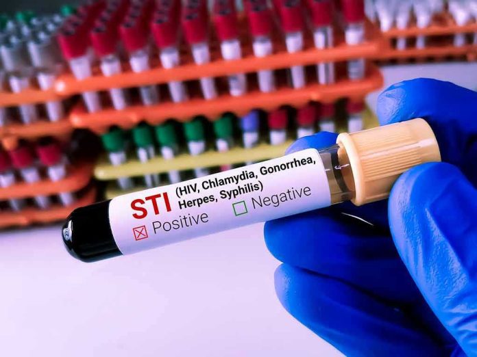 2299196149 Gloved hand holding STI test tube labeled Negative.