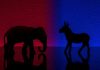 STUNNING GOP COLLAPSE — Trump Reportedly Panicked Elephant and donkey silhouettes on red and blue backgrounds.