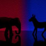 Elephant and donkey silhouettes on red and blue backgrounds.