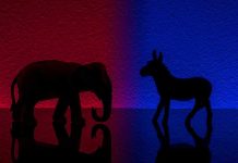 STUNNING GOP COLLAPSE — Trump Reportedly Panicked Elephant and donkey silhouettes on red and blue backgrounds.
