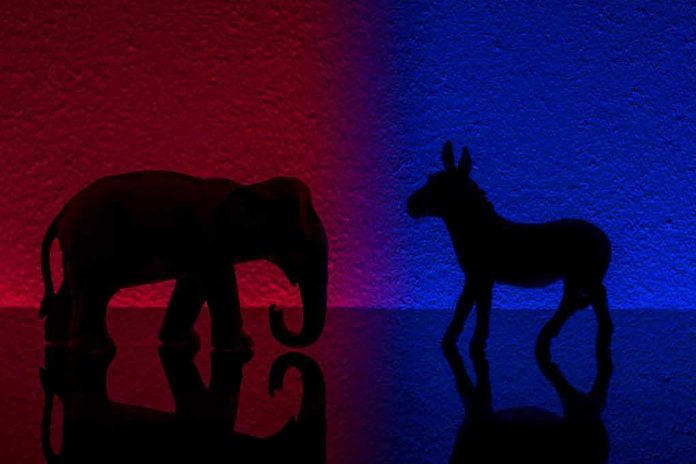 466431008 Elephant and donkey silhouettes on red and blue backgrounds.