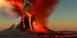 A volcano erupting with lava and lightning in the sky