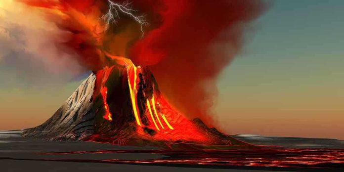 shutterstock_90878378.jpg A volcano erupting with lava and lightning in the sky
