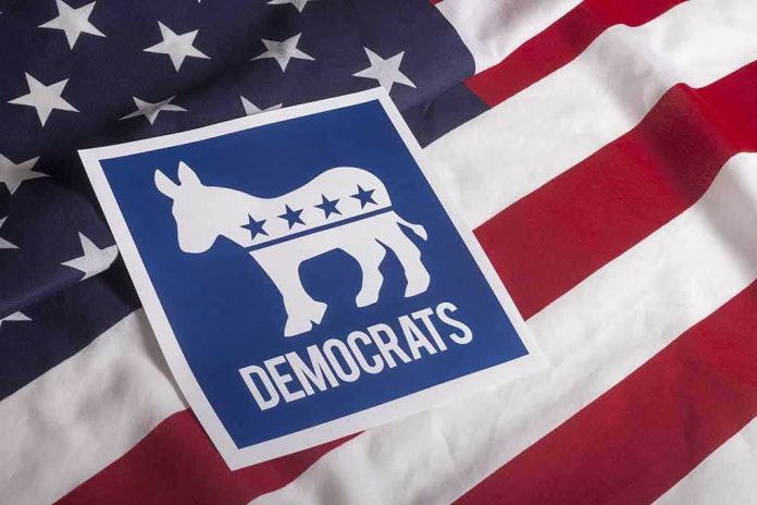 305852246 Democratic Party symbol on American flag background.
