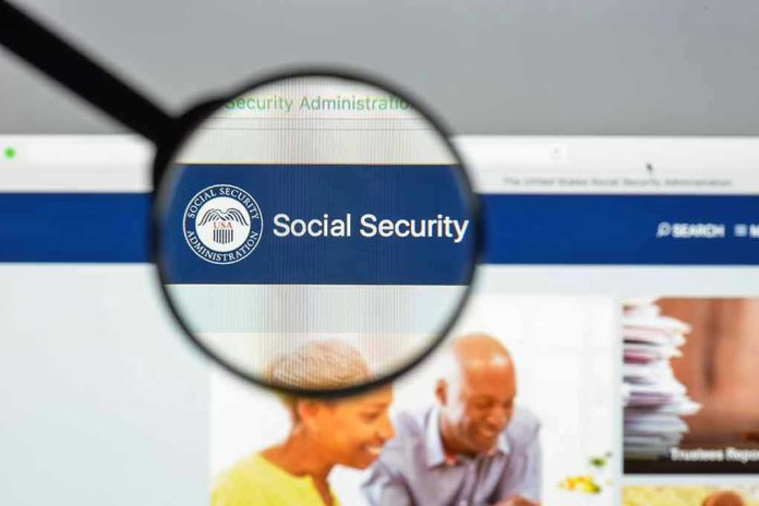 696507001 Magnifying glass focusing on Social Security Administration webpage.