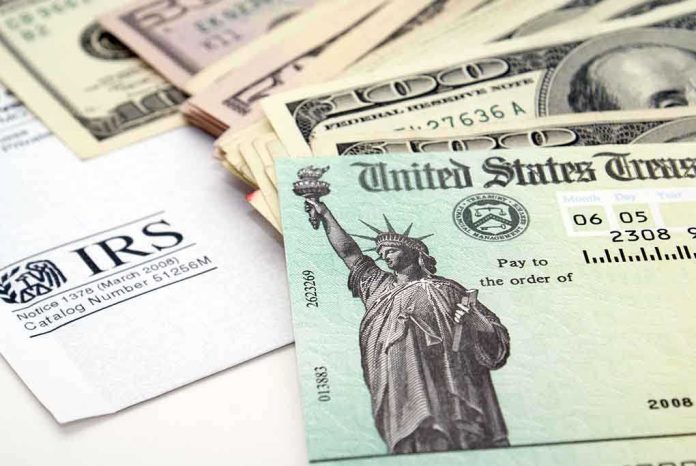 shutterstock_13772947.jpg A tax refund check from the IRS alongside various denominations of cash