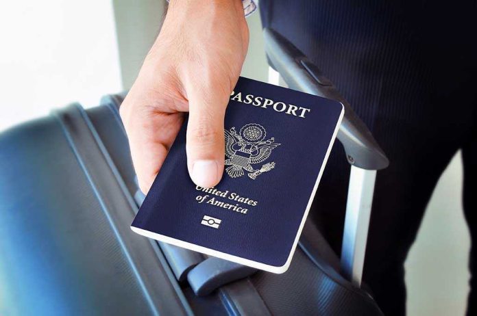 A person holding a United States passport next to a suitcase