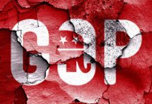 MAGA Civil War ERUPTS – Trump Ally BETRAYS Cracked wall featuring the GOP logo in red and white