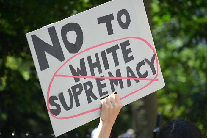 Sign saying No to white supremacy with red circle.