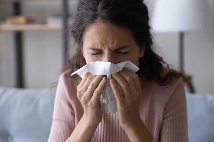 1906128409 Woman sneezing into a tissue indoors.
