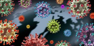Colorful virus illustrations over a world map.